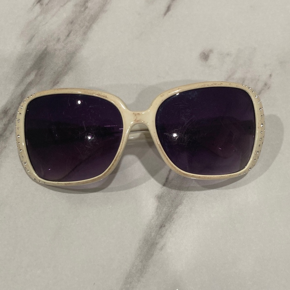 White Frame Sunglasses with Purple Lenses and Crystal Accents - Picture 3 of 16